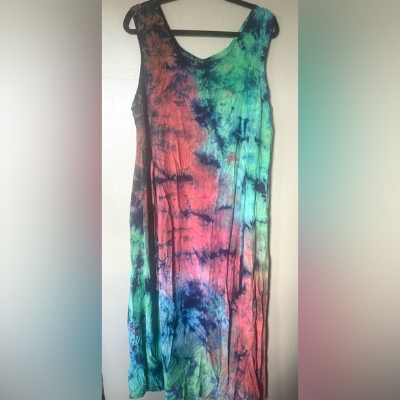 EUC Tie-Dye Long Dress w/ Tie Back Women’s Size XL Pink & Green Hues Hippie Boho - Picture 4 of 6